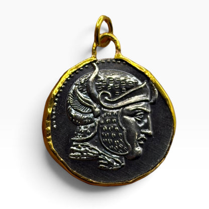 Ancient Roman Greek Style Silver & Gold Tone Coin Pendant