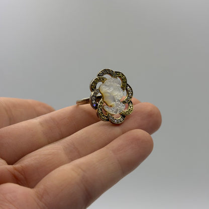 Vintage Silver Gold Plated Shell Cameo Ring Carved Portrait Rhinestone Frame⁠