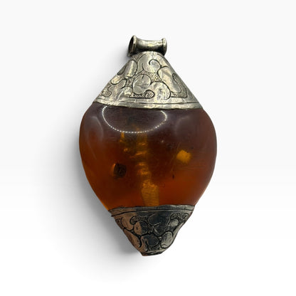 Tribal Silver Amber Glass Resin Teardrop Pendant Vintage Ethnic Jewelry Cap