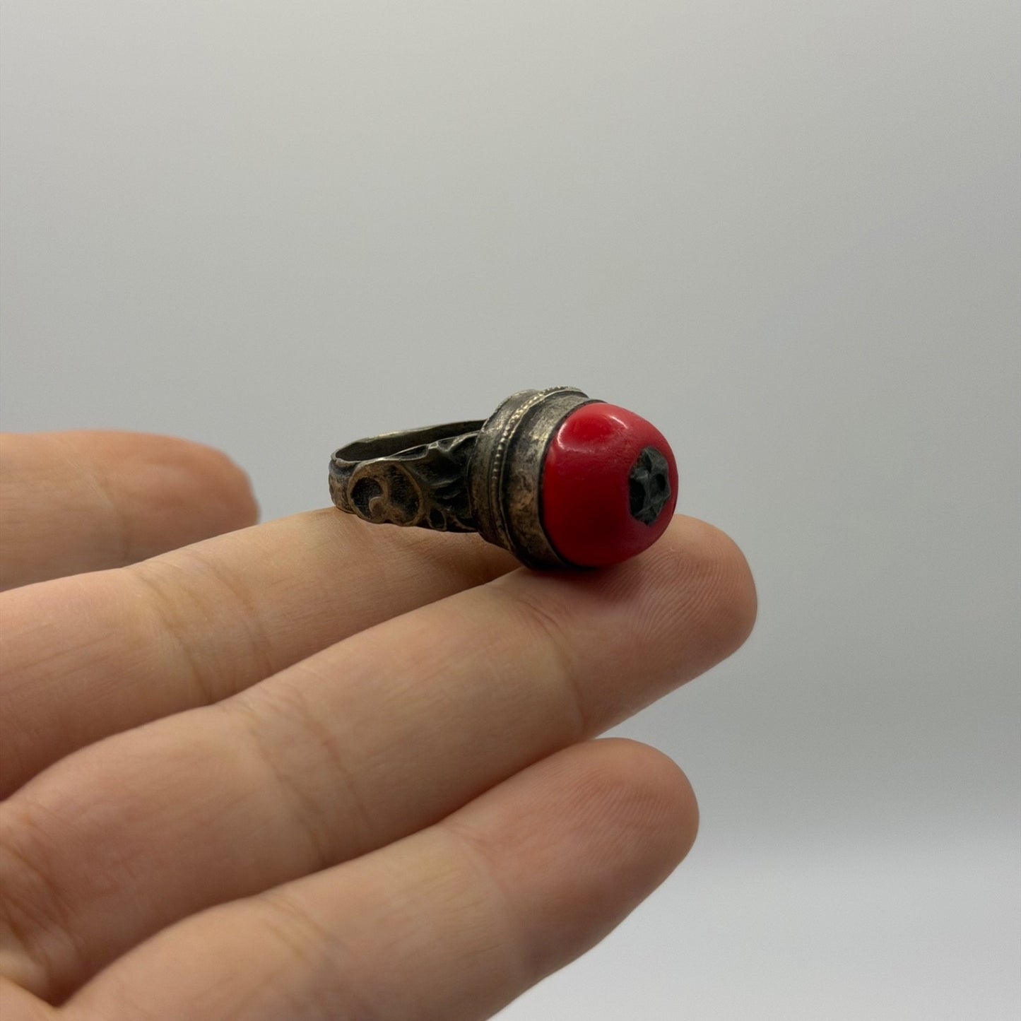 Antique Silver Filigree Ring with Round Red Coral Cabochon