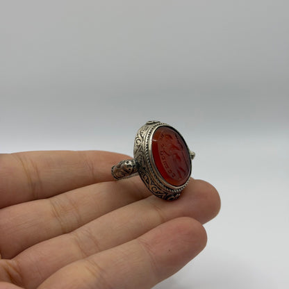 Vintage Silver Intaglio Carved Carnelian Portrait Seal Ring Roman Inspired