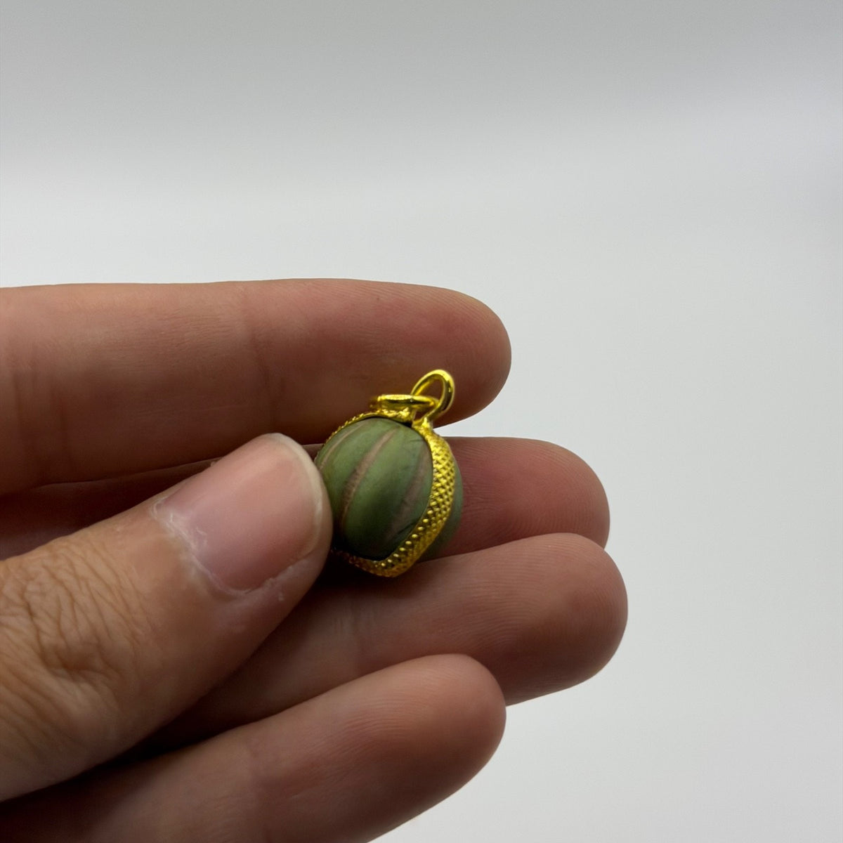 Vintage Carved Green Stone Watermelon Bead Pendant Gold Plated Frame Charm