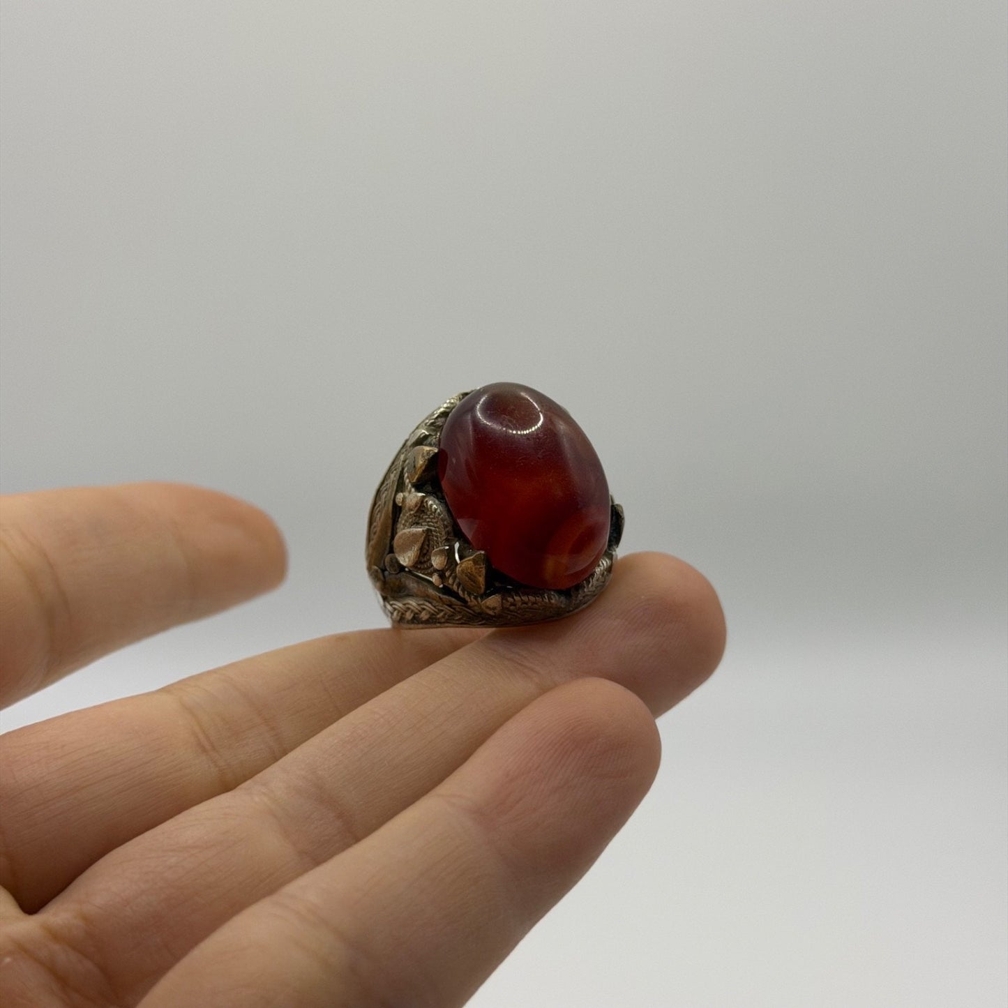 Vintage Silver Filigree Statement Ring with Red Carnelian Cabochon