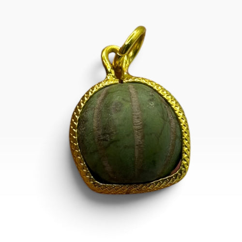 Vintage Carved Green Stone Watermelon Bead Pendant Gold Plated Frame Charm