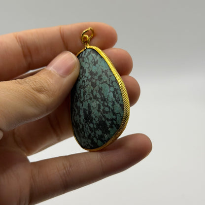 Natural Green Turquoise Jasper Matrix Gemstone Gold Tone Freeform Pendant