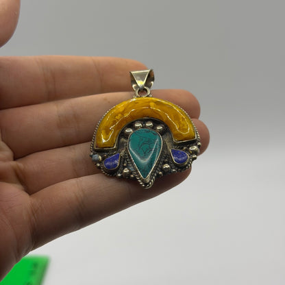 Vintage Nepalese Amber Resin & Stones Pendant