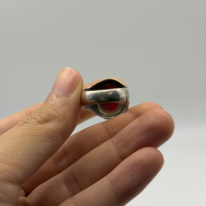 Vintage Silver Oval Red Carnelian Agate Solitaire Ring Fluted Band