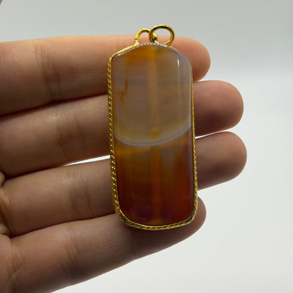 Vintage Gold Tone Natural Banded Carnelian Agate Rectangular Slab Pendant