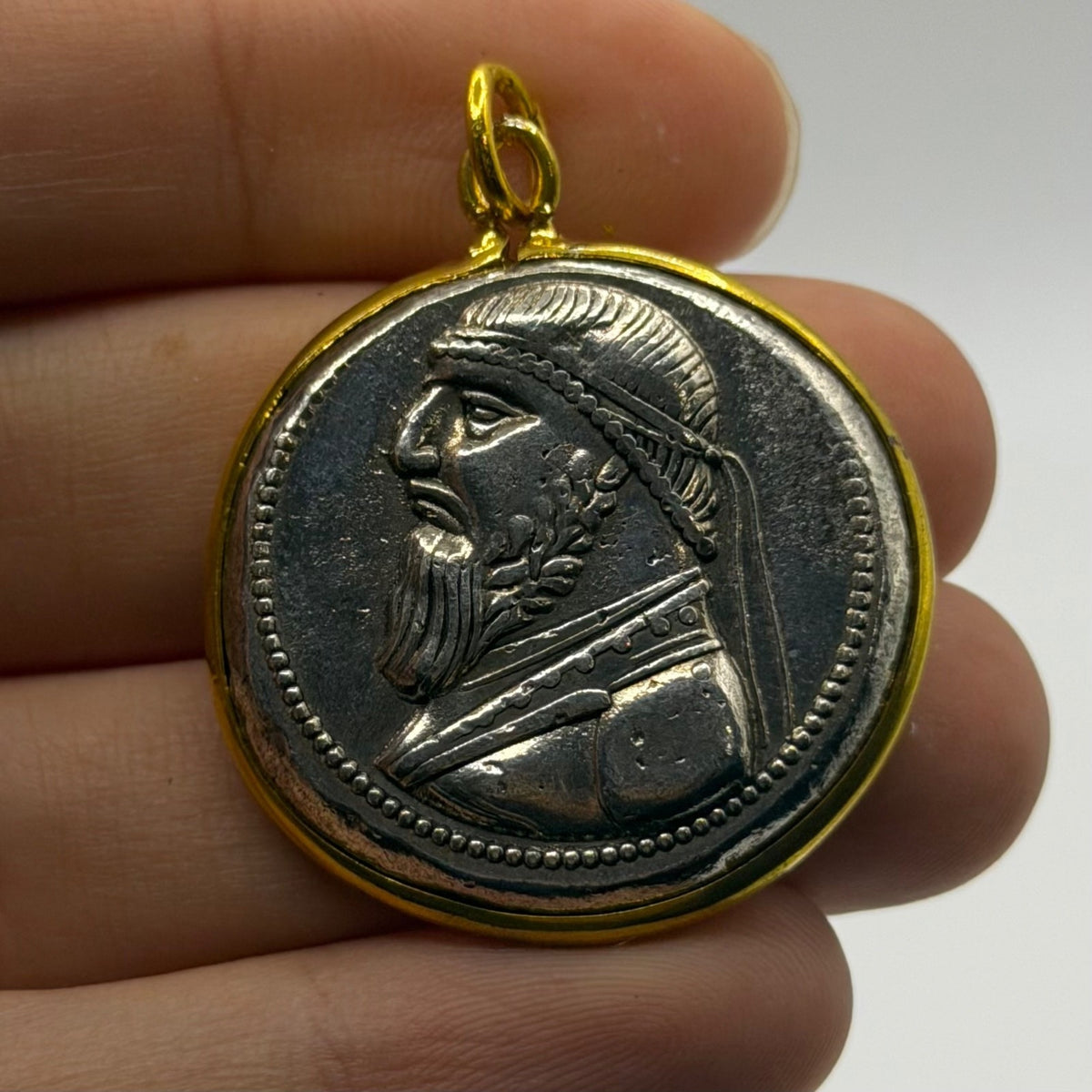 Ancient Empire Inspired Silver Plated Gold Gilded Coin Pendant