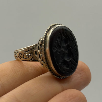 Antique Style Silver Filigree Ring with Oval Black Intaglio Gemstone