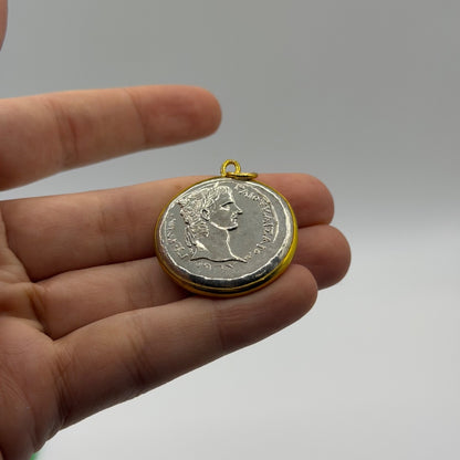 Ancient Roman Coin Style Pendant Laureate Bust Gold Tone Frame Charm