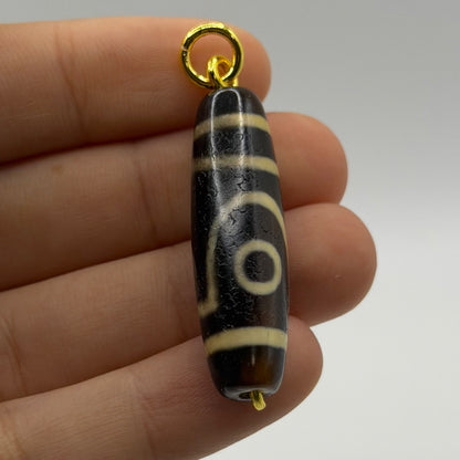 Vintage Tibetan Dzi Eye Agate Bead Tube Pendant Gold Tone Charm