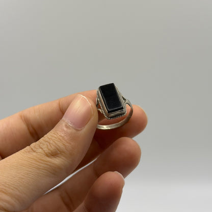 Vintage Silver Rectangular Black Onyx Statement Solitaire Ring