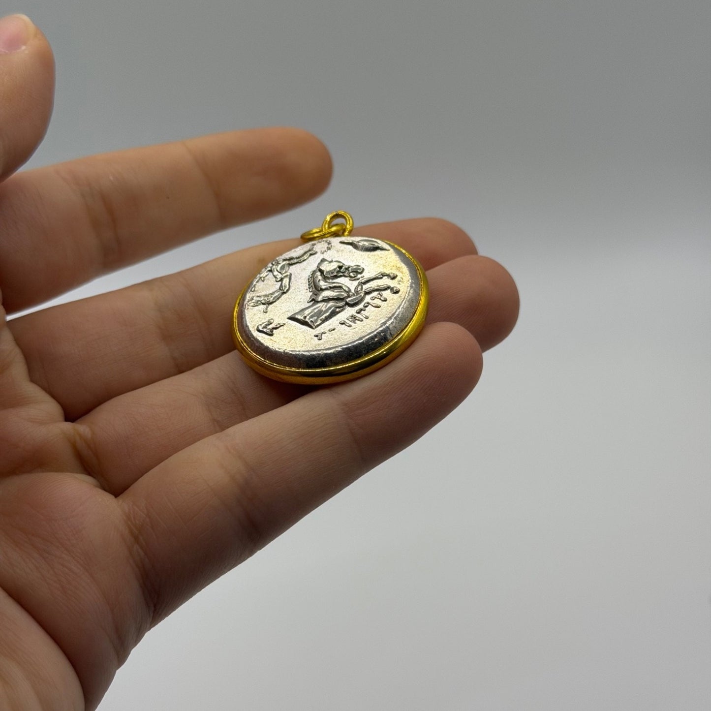 Ancient Greek Inspired Coin Gold Plated Frame Pendant