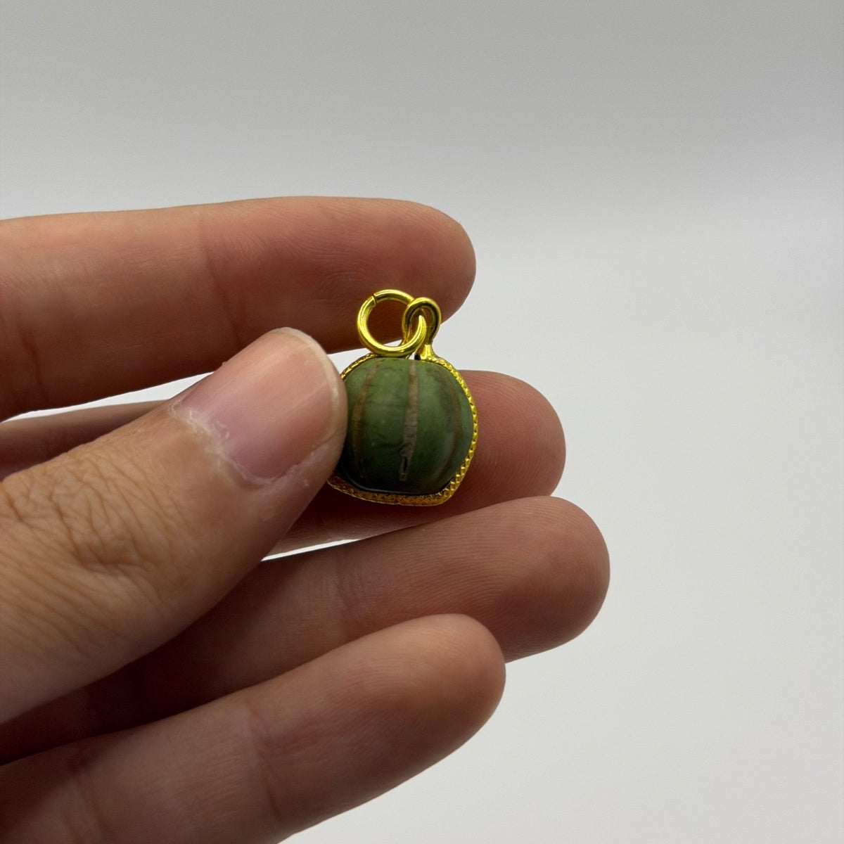 Vintage Carved Green Stone Watermelon Bead Pendant Gold Plated Frame Charm