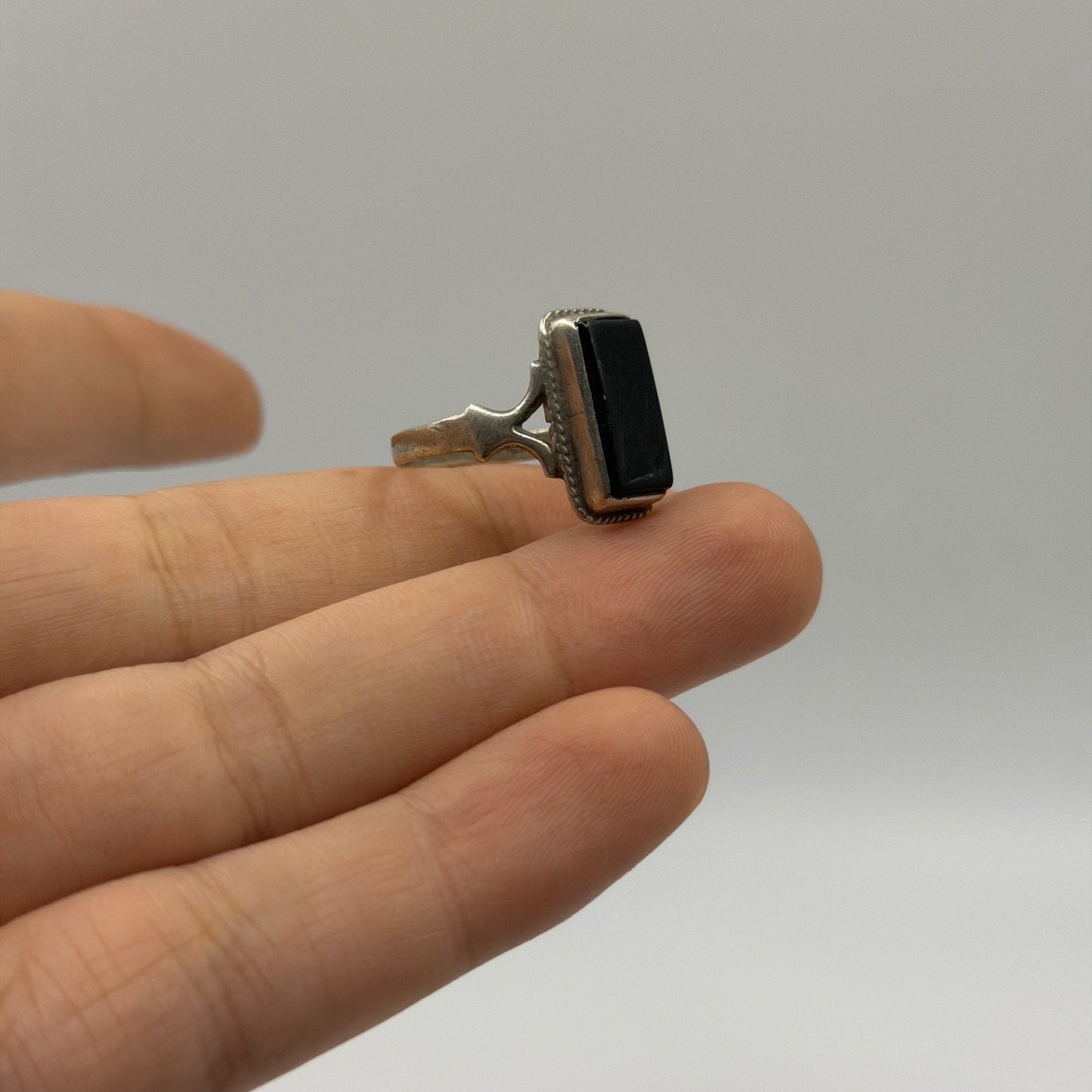 Vintage Silver Rectangular Black Onyx Statement Solitaire Ring