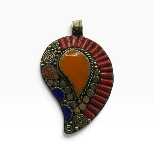 Vintage Tribal Paisley Pendant – Inlaid Coral Lapis Brass Rope Border