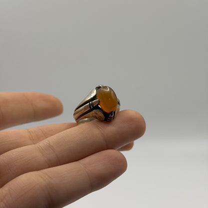 Vintage Silver Ring Oval Yellow Stone Solitaire Band Antique Style