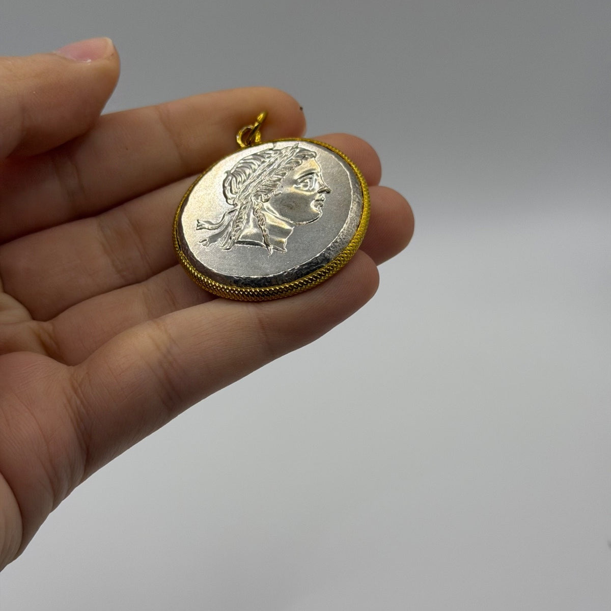 Ancient Greek Inspired Aeolis Myrina Coin Gold Plated Frame Pendant