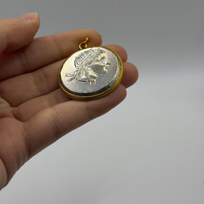 Ancient Greek Inspired Aeolis Myrina Coin Gold Plated Frame Pendant