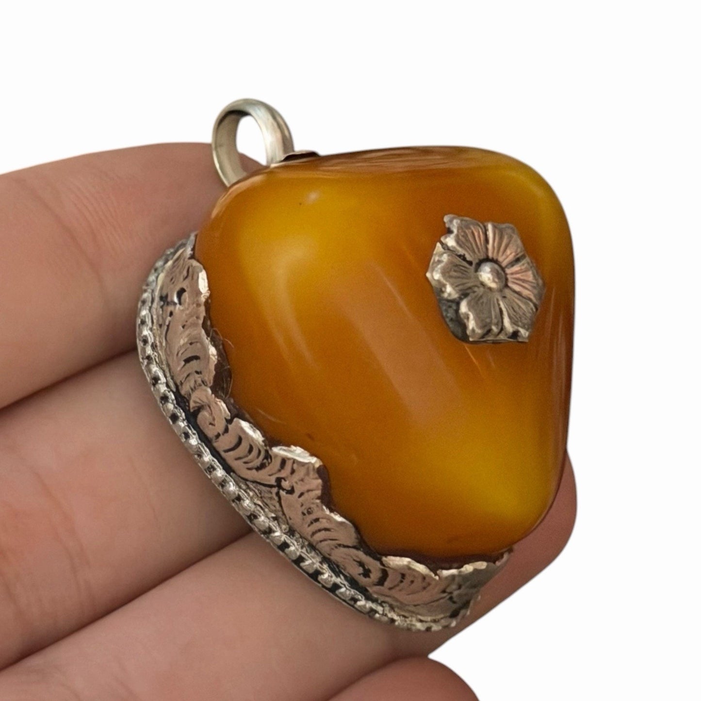 Vintage Nepalese Boho Tribal Amber Like Stone Silver Tone Pendant