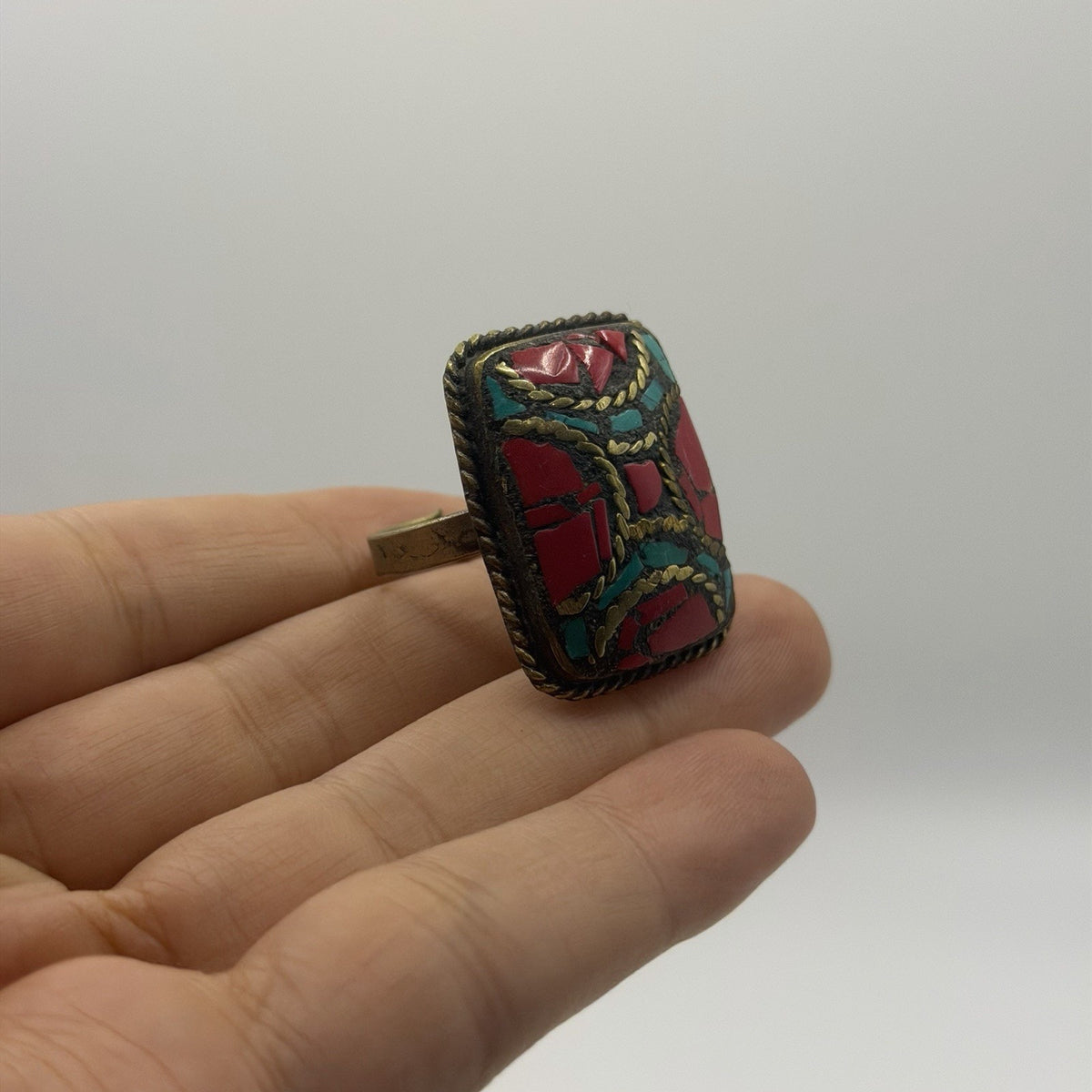 Vintage Nepalese Tribal Brass Ring With Stones