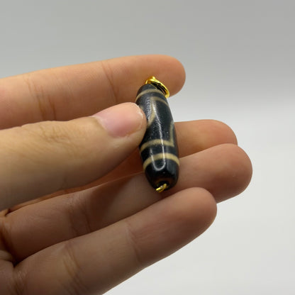 Vintage Tibetan Dzi Eye Agate Bead Tube Pendant Gold Tone Charm