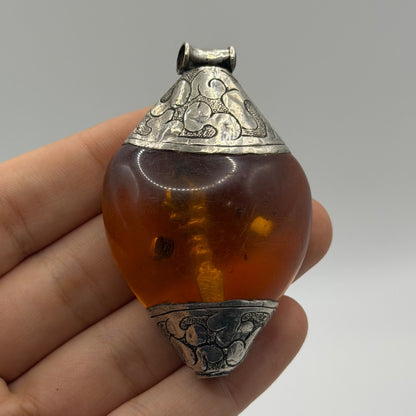 Tribal Silver Amber Glass Resin Teardrop Pendant Vintage Ethnic Jewelry Cap
