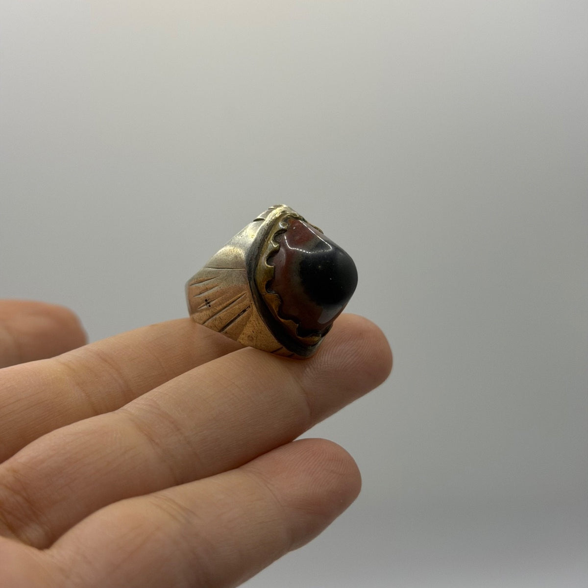 Silver Statement Ring with Large Banded Sardonyx Agate Cabochon