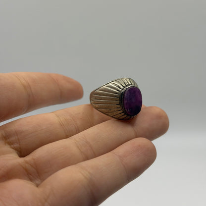 Vintage Silver Oval Raw Purple Gemstone Solitaire Fluted Band Ring