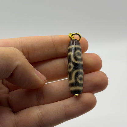 Vintage Tibetan Dzi Eye Agate Bead Tube Pendant Gold Tone Charm
