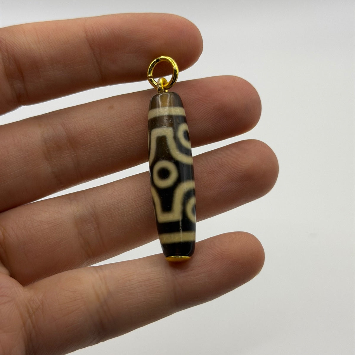 Vintage Tibetan Dzi Eye Agate Bead Tube Pendant Gold Tone Charm
