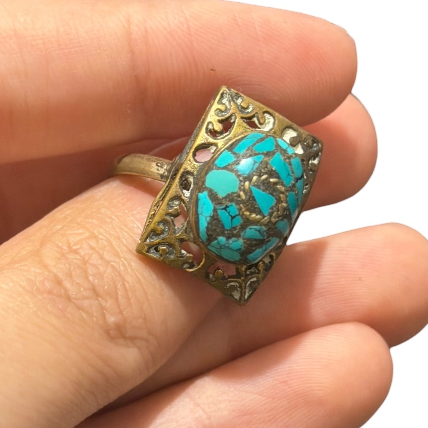 Vintage Nepalese Turquoise Brass Antique Ring
