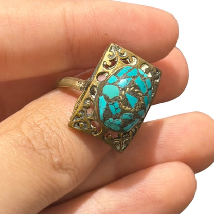 Vintage Nepalese Turquoise Brass Antique Ring