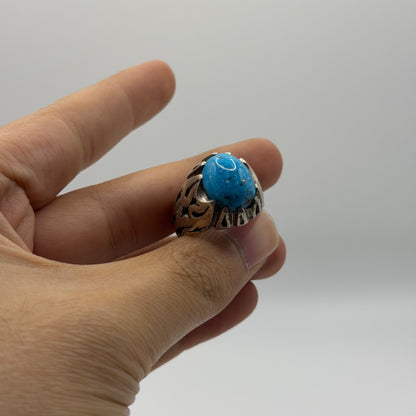 Sterling Silver Tribal Flame Design Ring with Turquoise Cabochon Stone