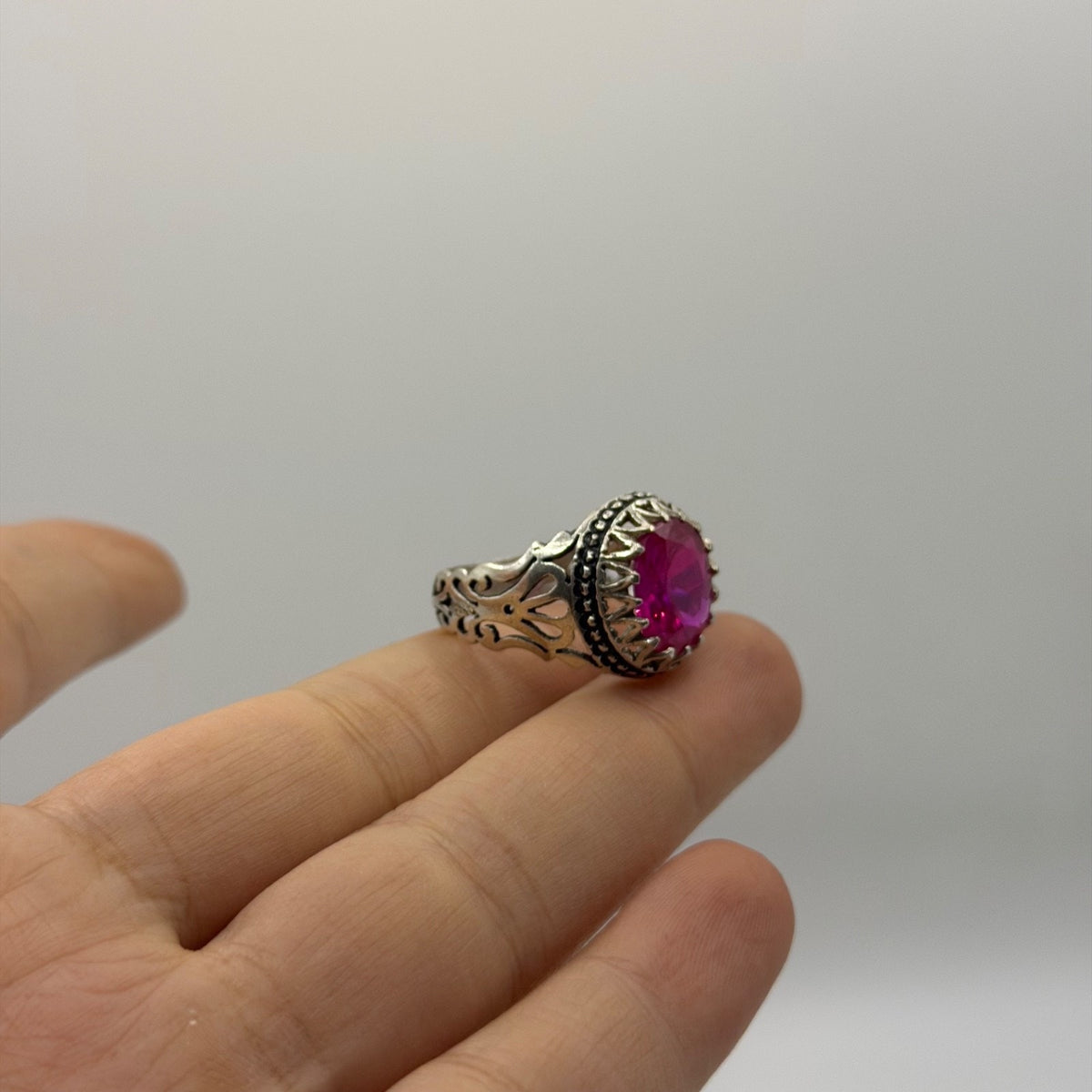 Silver Ornate Crown Setting Ring with Pink Gem Stone