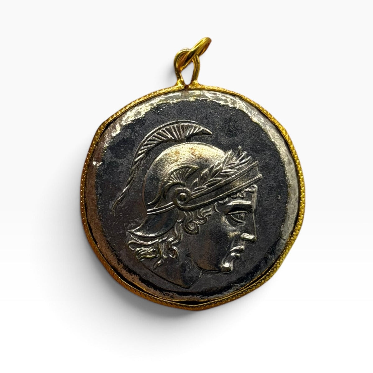 Ancient Roman Greek Warrior Style Coin Pendant Gold Tone Frame Medallion Charm