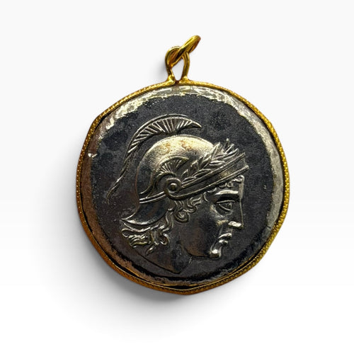 Ancient Roman Greek Warrior Style Coin Pendant Gold Tone Frame Medallion Charm