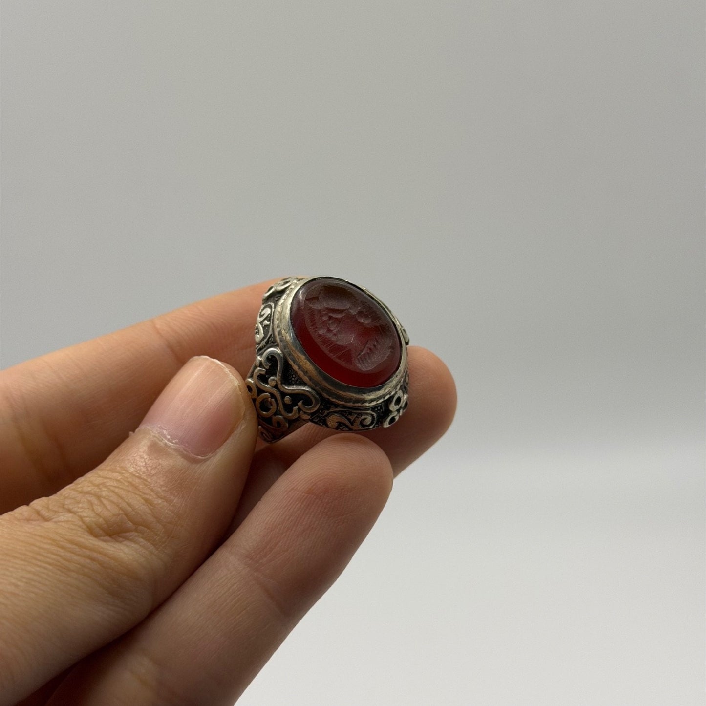 Vintage Silver Roman Carnelian Intaglio Ring Antique Style Carved Gemstone