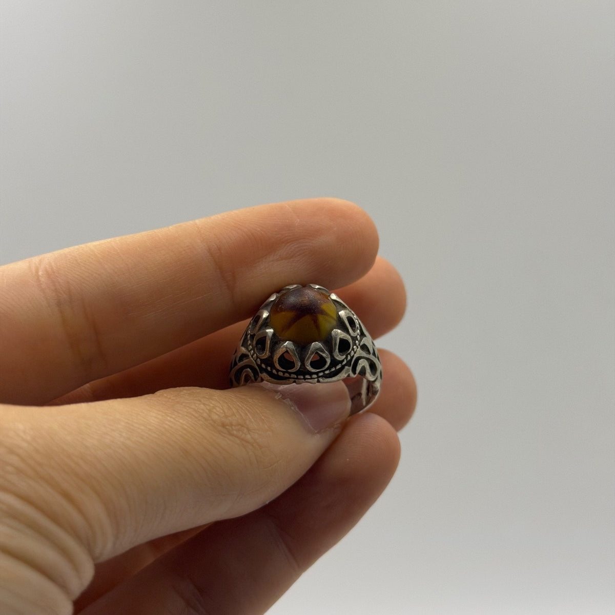 Vintage Islamic Ottoman Style Tiger Eye Silver Ring