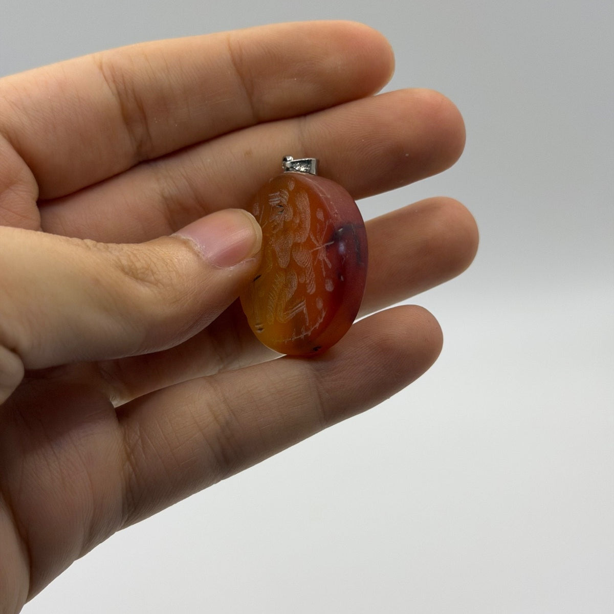 Etched Natural Carnelian Agate Gemstone Round Intaglio Figural Pendant Charm