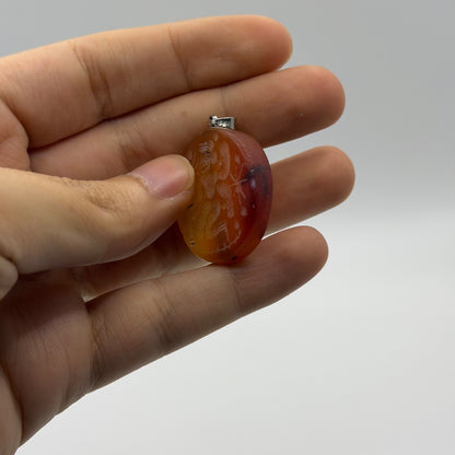 Etched Natural Carnelian Agate Gemstone Round Intaglio Figural Pendant Charm