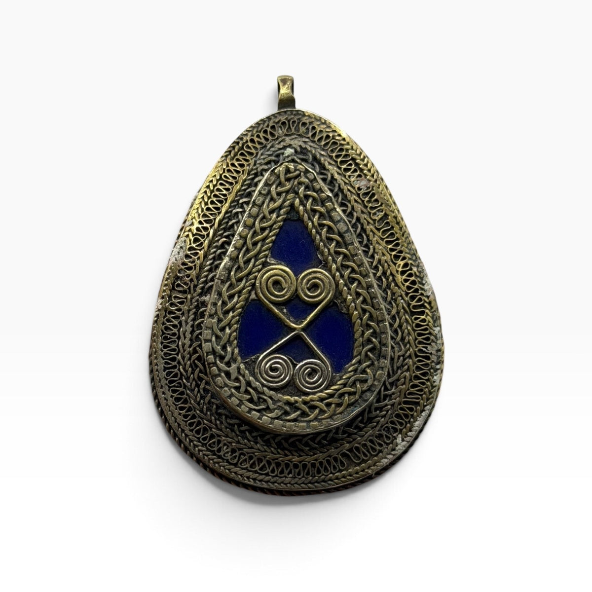 Antique Vintage Tribal Filigree Teardrop Pendant Brass Bronze Silver Wire Art