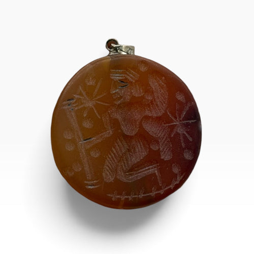 Etched Natural Carnelian Agate Gemstone Round Intaglio Figural Pendant Charm