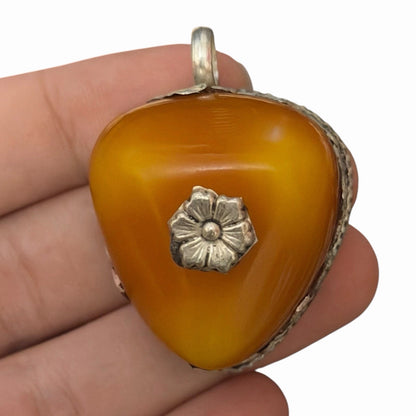 Vintage Nepalese Boho Tribal Amber Like Stone Silver Tone Pendant