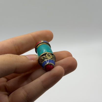Tibetan Style Turquoise and Coral Brass Cylinder Pendant