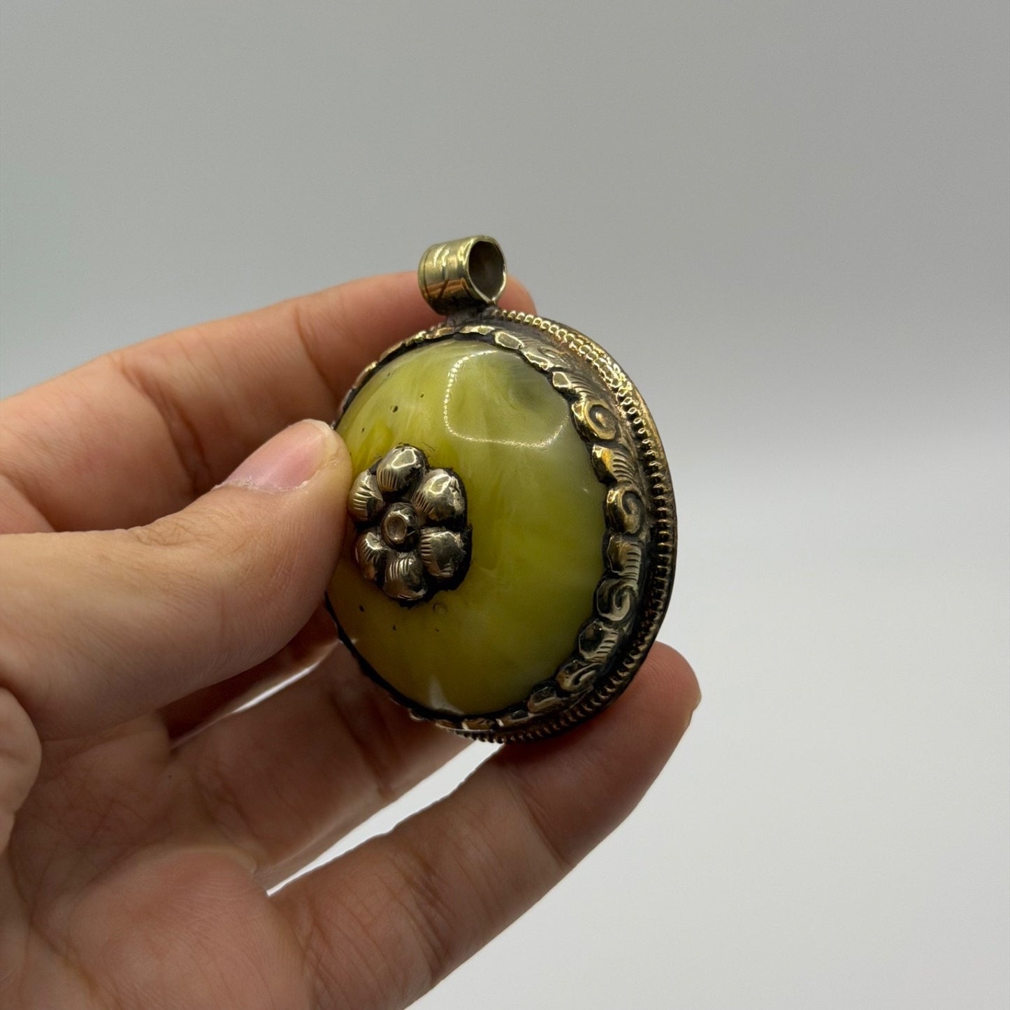 Vintage Nepalese Tribal Round Yellow Amber Resin Pendant Brass Flower Detail