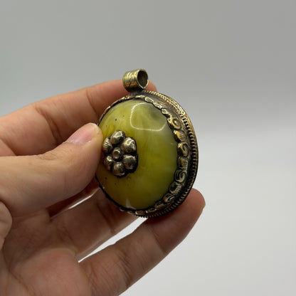 Vintage Nepalese Tribal Round Yellow Amber Resin Pendant Brass Flower Detail