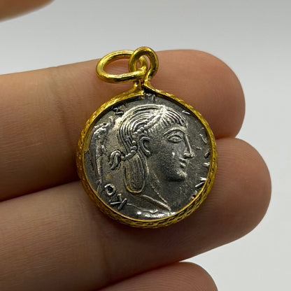 Ancient Roman Inspired goddess Vesta Ancient Coin Gold Plated Frame Pendant