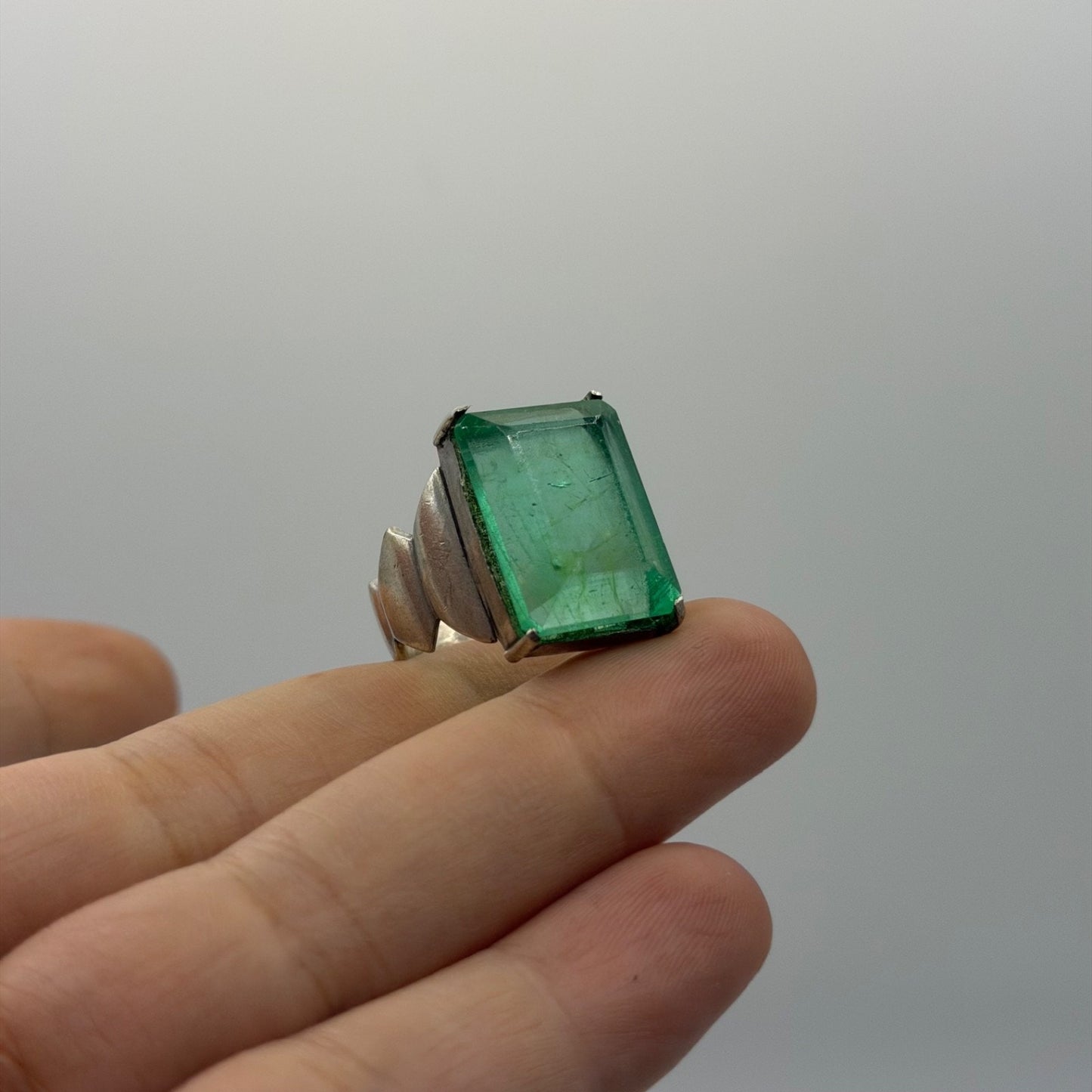 Vintage Silver Emerald Cut Green Gem Ring Tiered Geometric Design
